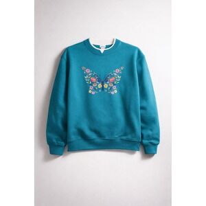 Twee CottageCore Fairy Whimsy Grandma Teal Butterfly Embroidered Sweatshirt- M